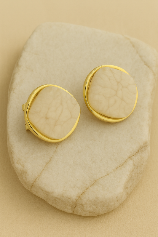 Gold Cream Marble Oval Stud Earrings LE10236