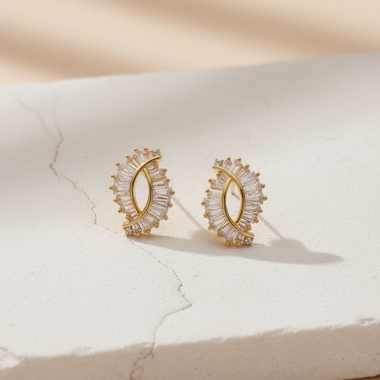 Gold Crystal Marquise Stud Earrings – Elegant Diamond Baguette Design LE10327