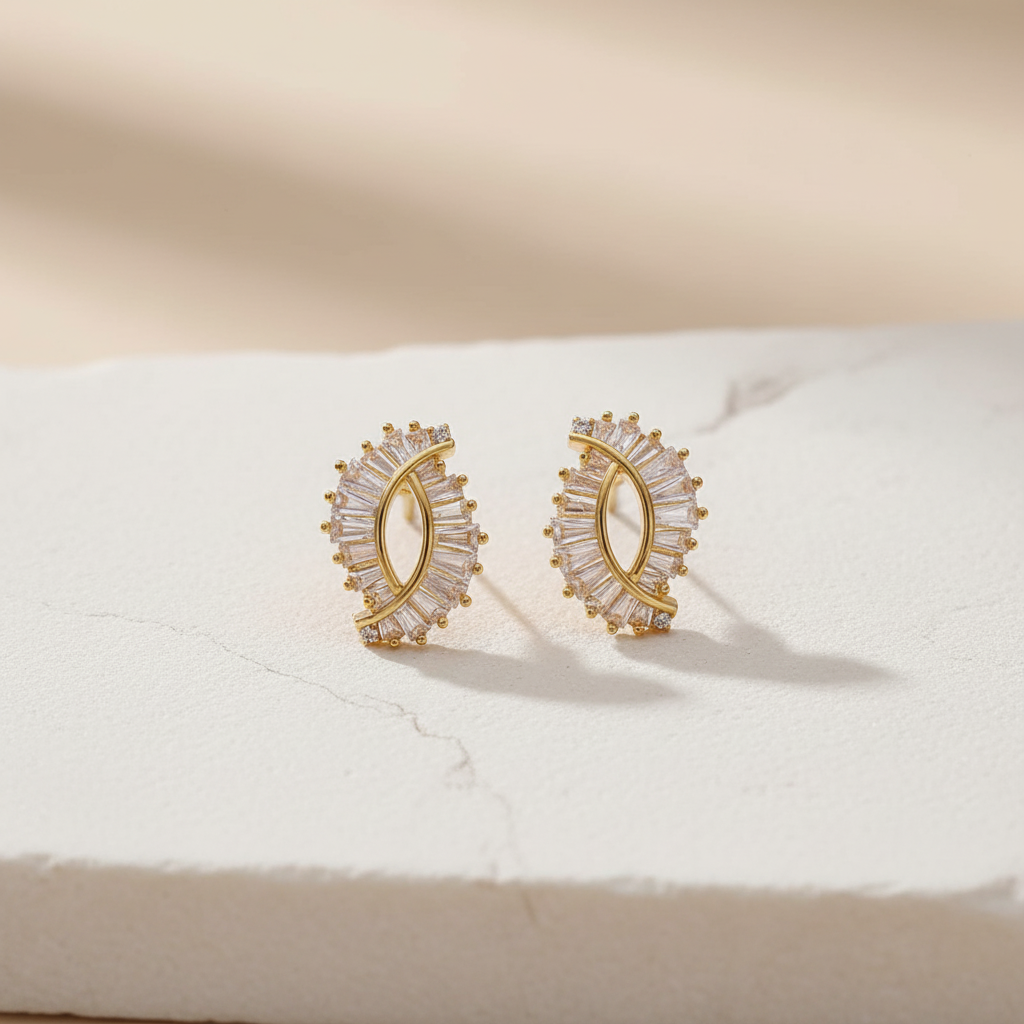 Gold Crystal Marquise Stud Earrings – Elegant Diamond Baguette Design LE10327