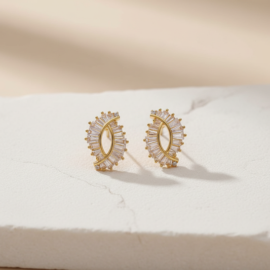 Gold Crystal Marquise Stud Earrings – Elegant Diamond Baguette Design LE10327