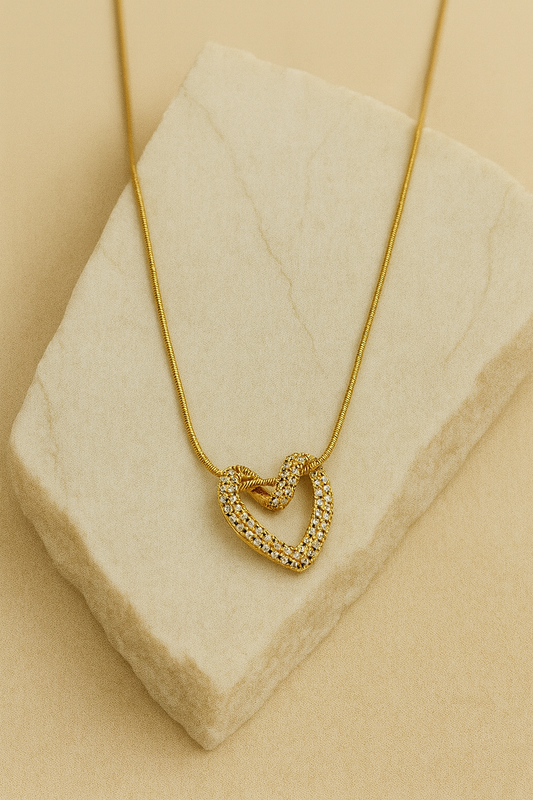 Gold Crystal Pavé Heart Pendant Snake Chain Necklace LN10207