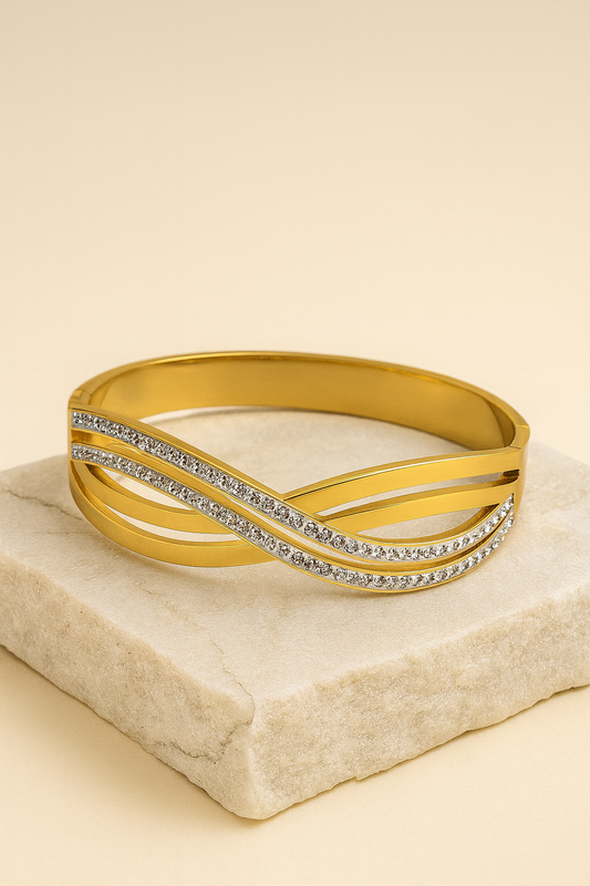 Gold Crystal Wave Bangle – Elegant Dual-Layer Bracelet with Sparkling Stones LB10179