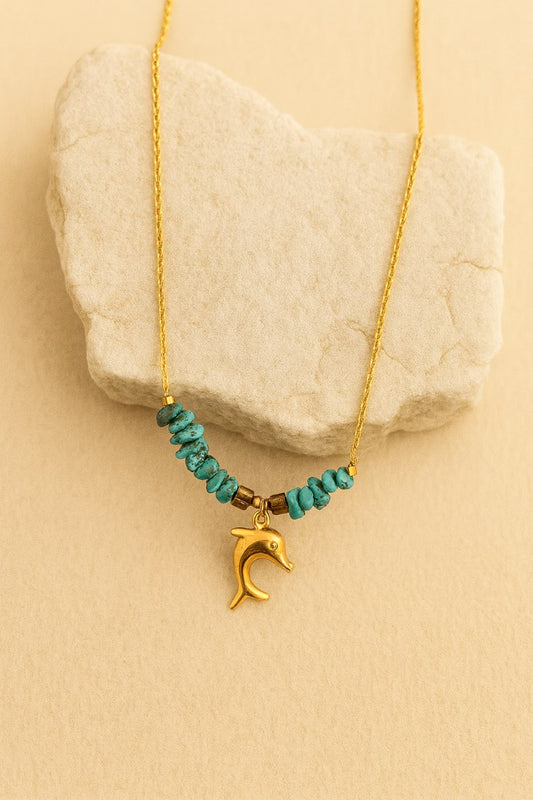 Gold Dolphin Pendant Necklace with Turquoise Beads – Ocean Inspired Jewelry LN10157