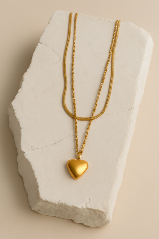 Gold Double Chain Heart Pendant Necklace – Elegant Layered Jewelry LN10151