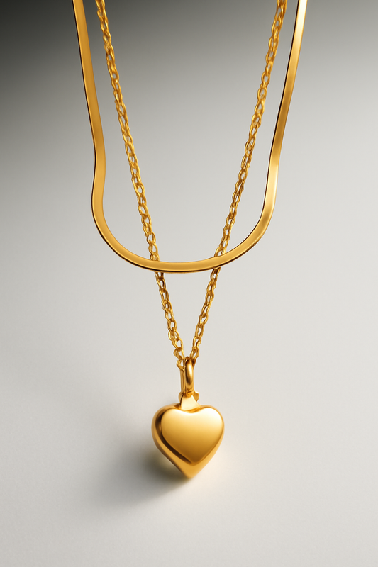 Gold Double Chain Heart Pendant Necklace – Elegant Layered Jewelry LN10151
