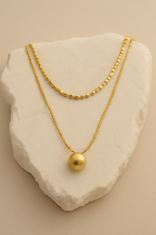 Gold Double Layer Necklace with Bold Sphere Pendant – Modern Statement Jewelry LN10152