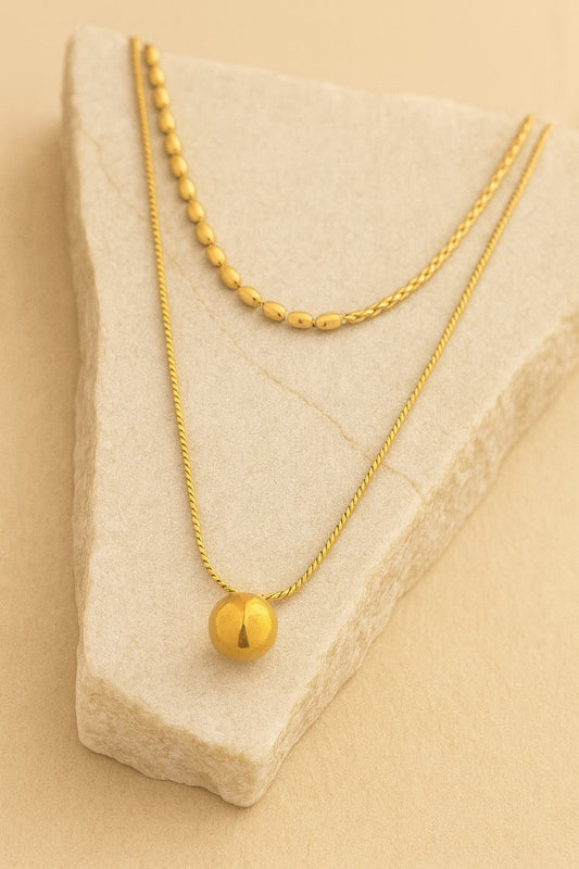 Gold Double Layer Necklace with Bold Sphere Pendant – Modern Statement Jewelry LN10152