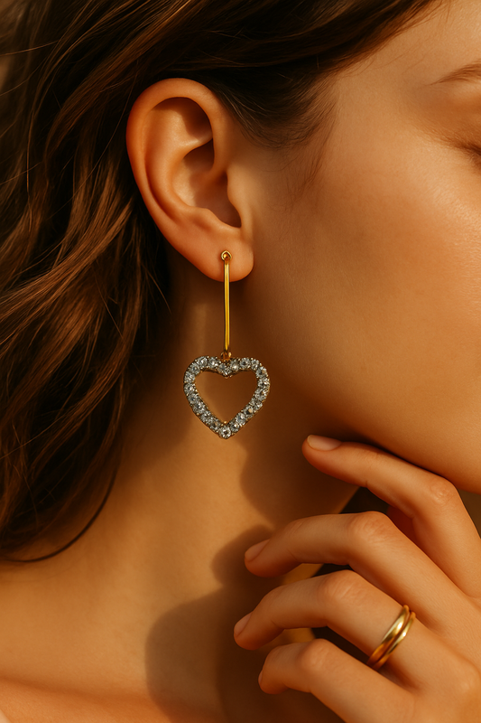 Gold Druzy Heart Long Drop Earrings LE10237