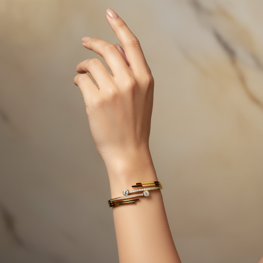 Gold Dual Diamond Bangle – Modern Layered Bracelet with Sparkling Stones LB10184