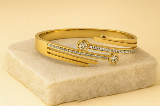Gold Dual Diamond Bangle – Modern Layered Bracelet with Sparkling Stones LB10184