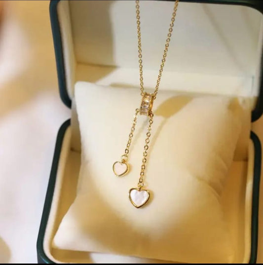 Gold Dual Heart Drop Pendant Necklace LN10179