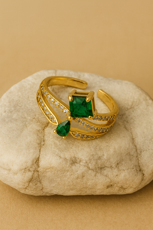 Gold Emerald Crystal Double Band Adjustable Ring LR10131