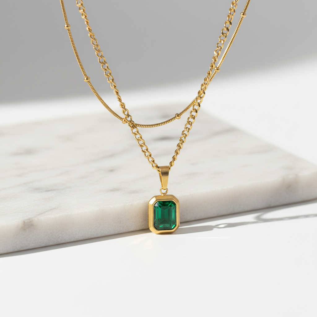 Gold Emerald Pendant Necklace – Layered Chain Statement Jewelry LN10297