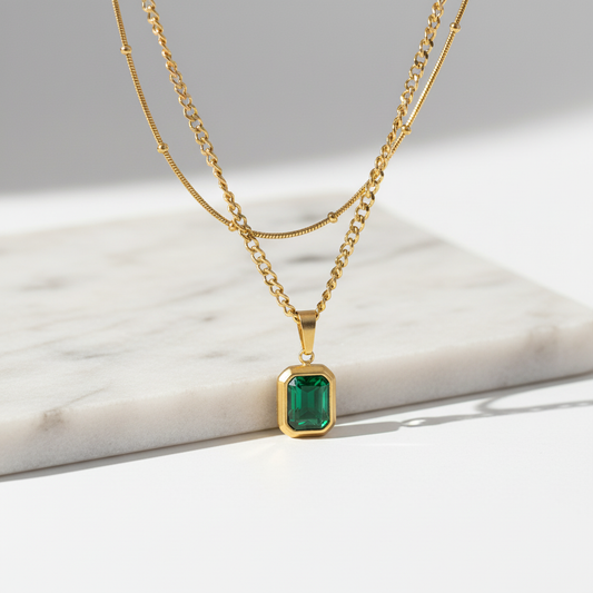 Gold Emerald Pendant Necklace – Layered Chain Statement Jewelry LN10297
