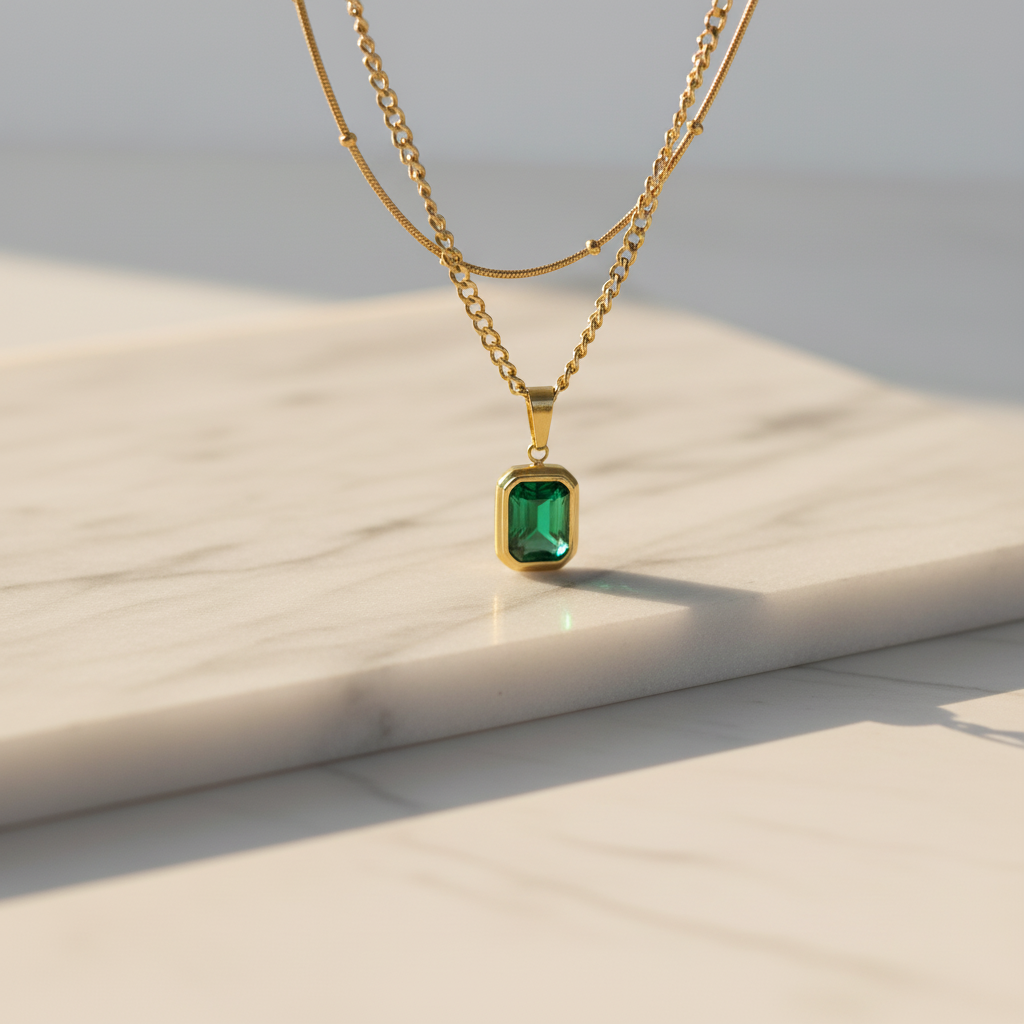 Gold Emerald Pendant Necklace – Layered Chain Statement Jewelry LN10297