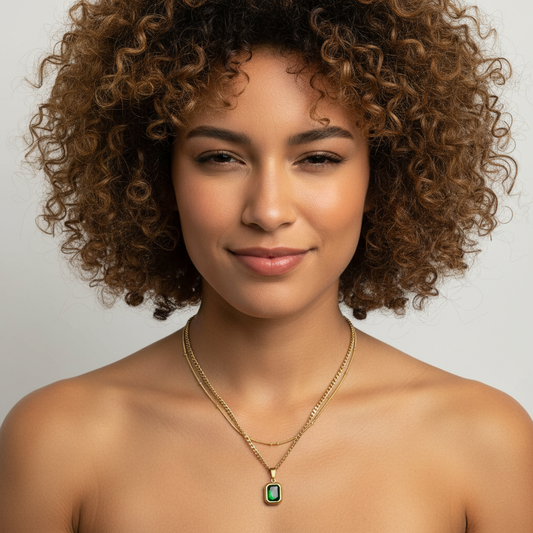 Gold Emerald Pendant Necklace – Layered Chain Statement Jewelry LN10297