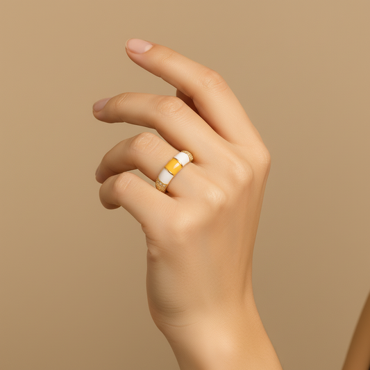 Gold & Enamel Statement Ring in Ivory and Amber Yellow LR10194