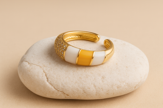 Gold & Enamel Statement Ring in Ivory and Amber Yellow LR10194