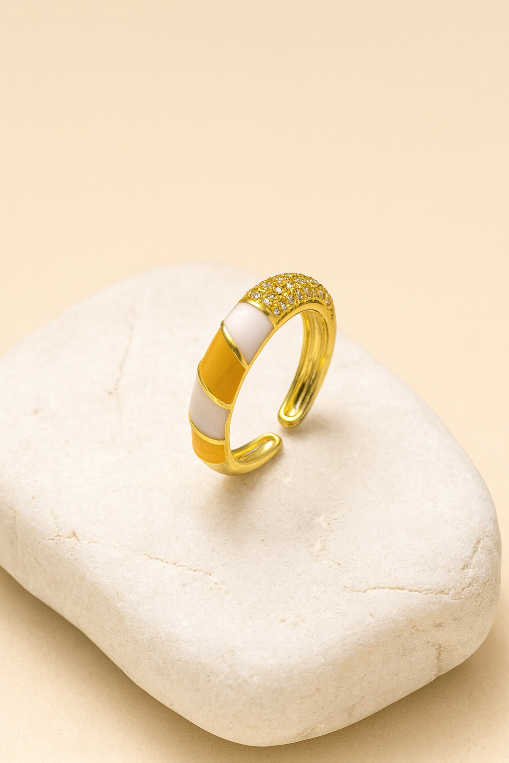 Gold & Enamel Statement Ring in Ivory and Amber Yellow LR10194