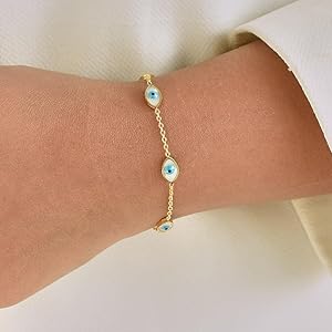 Gold Evil Eye Bracelet – Blue Enamel Protection Charm Jewelry LB10069