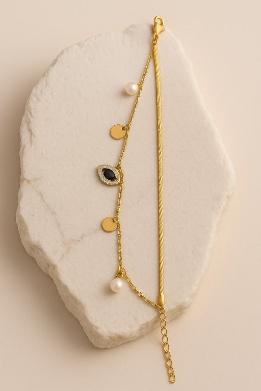 Gold Evil Eye Bracelet – Dual Chain Design with Pearls, Coins & Black Stone Charm LB10073