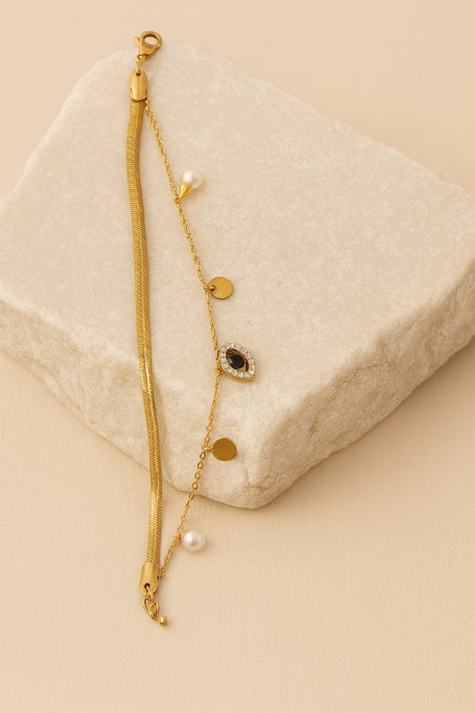 Gold Evil Eye Bracelet – Dual Chain Design with Pearls, Coins & Black Stone Charm LB10073