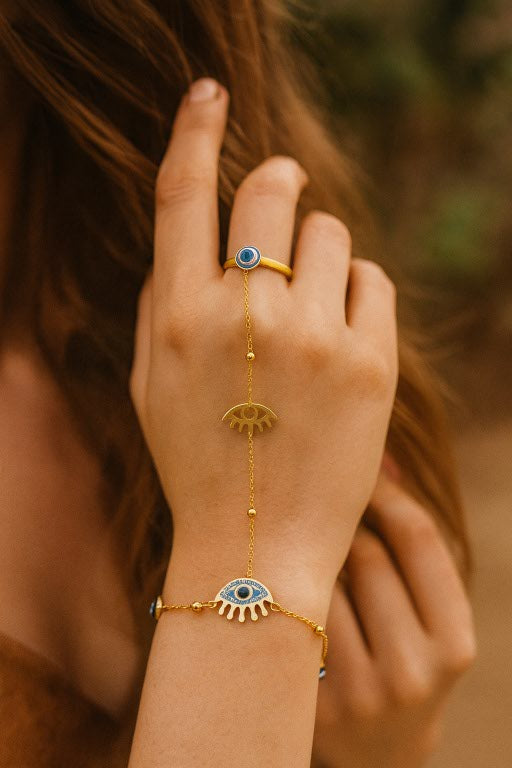 Gold Evil Eye Hand Harness Bracelet with Ring – Protective Chain Jewelry LB10092