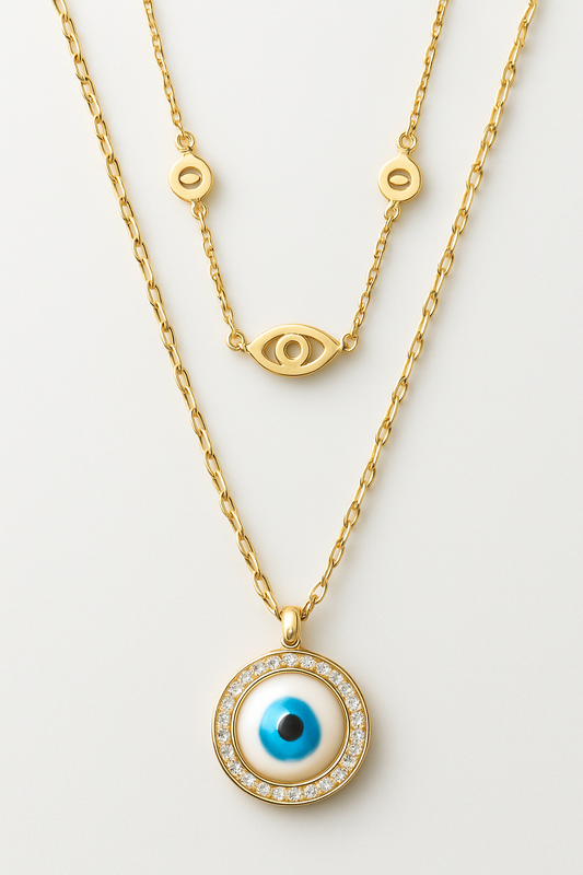 Gold Evil Eye Layered Necklace with Crystal Halo – Protection & Style Jewelry LN10147