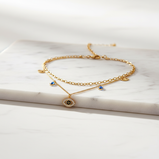 Gold Evil Eye Pendant Necklace – Layered Blue Charm Chain LN10295