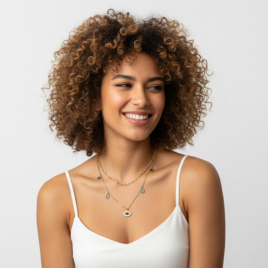 Gold Evil Eye Pendant Necklace – Layered Blue Charm Chain LN10295