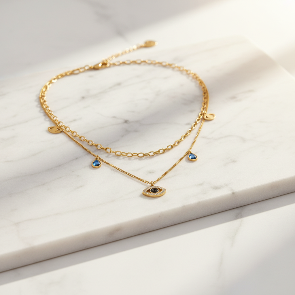 Gold Evil Eye Pendant Necklace – Layered Blue Charm Chain LN10295