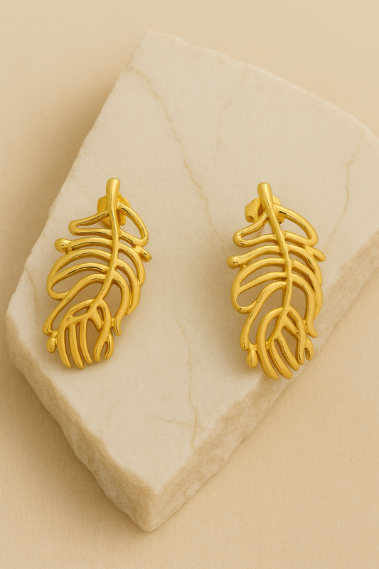 Gold Feather Leaf Statement Stud Earrings LE10230