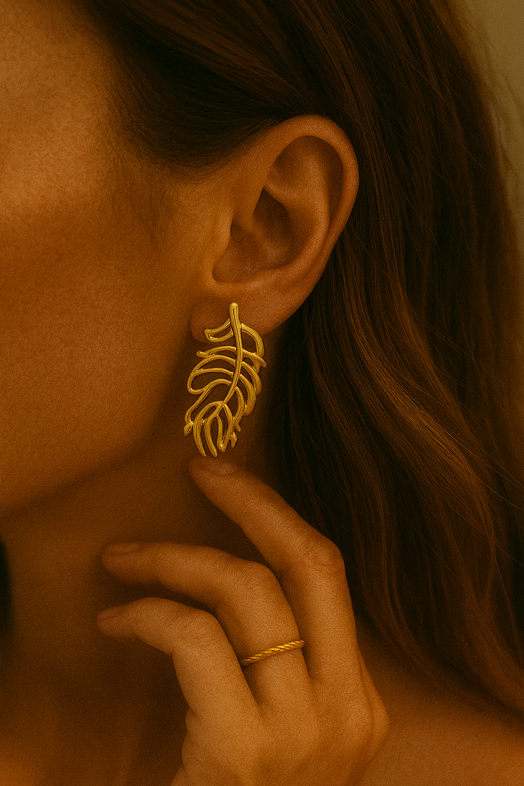 Gold Feather Leaf Statement Stud Earrings LE10230