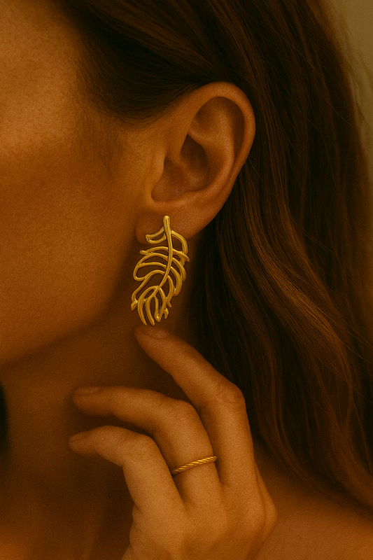 Gold Feather Leaf Statement Stud Earrings LE10230
