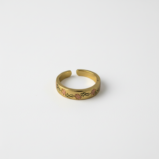 Gold Floral Adjustable Ring with Pink Enamel Blooms LR10195