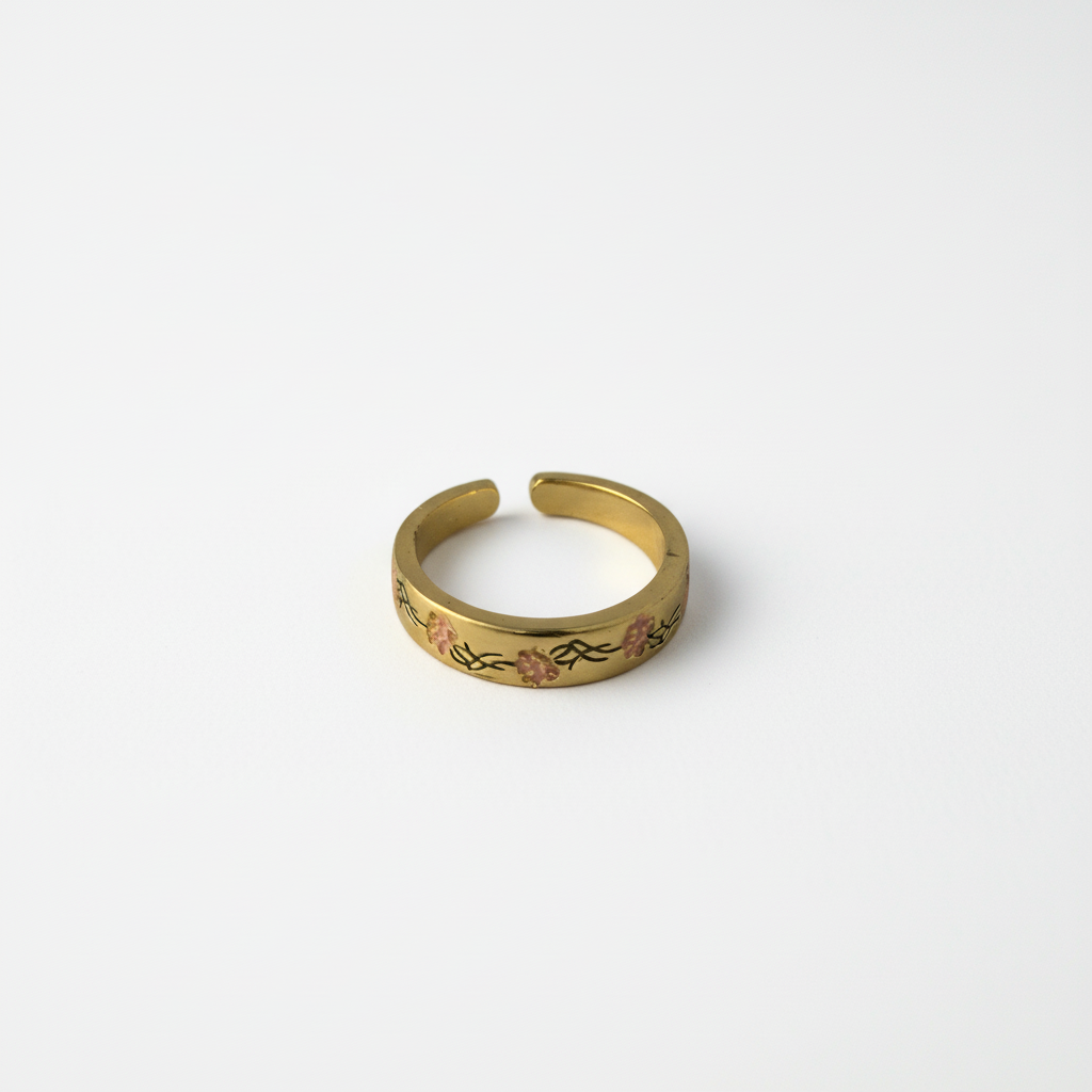 Gold Floral Adjustable Ring with Pink Enamel Blooms LR10195