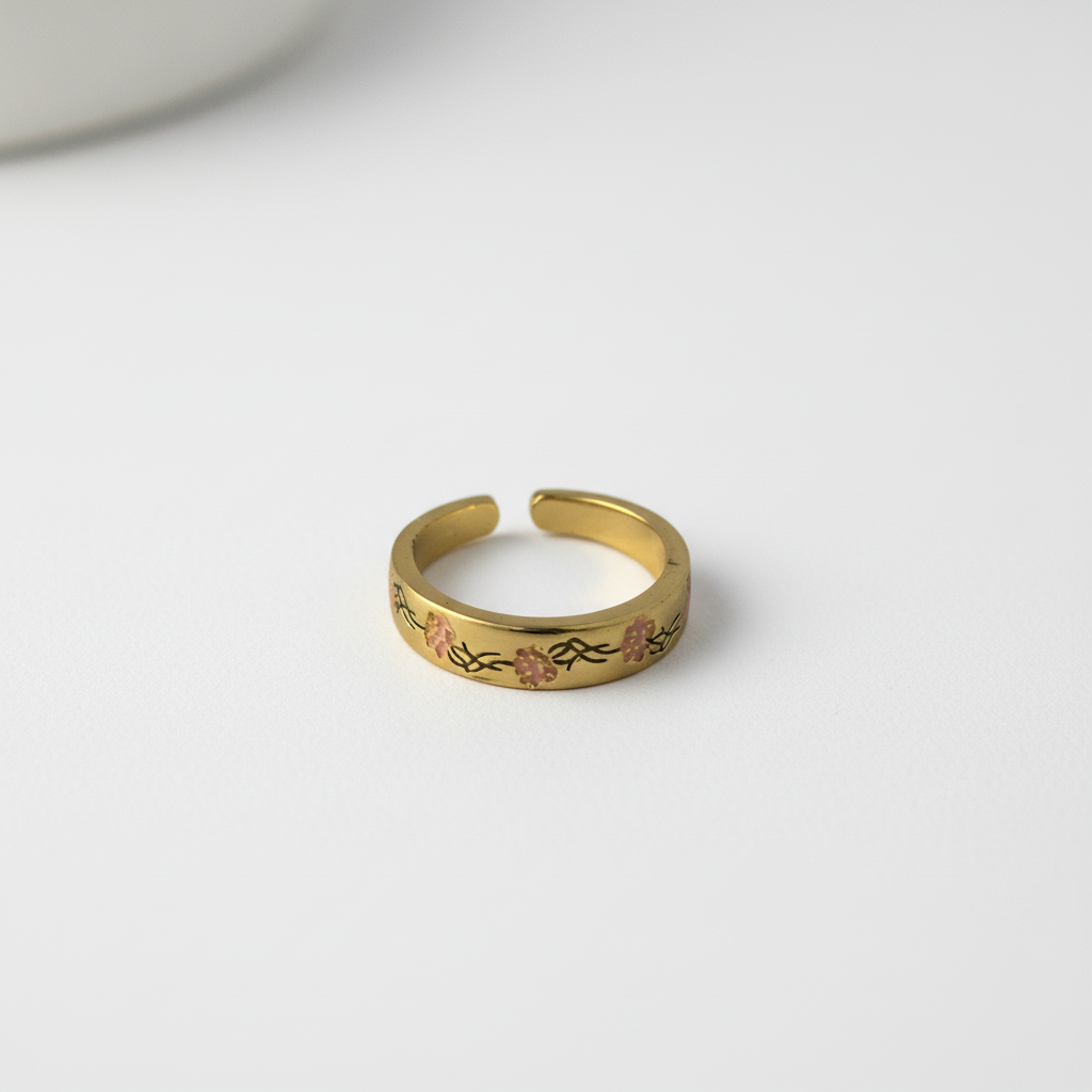 Gold Floral Adjustable Ring with Pink Enamel Blooms LR10195