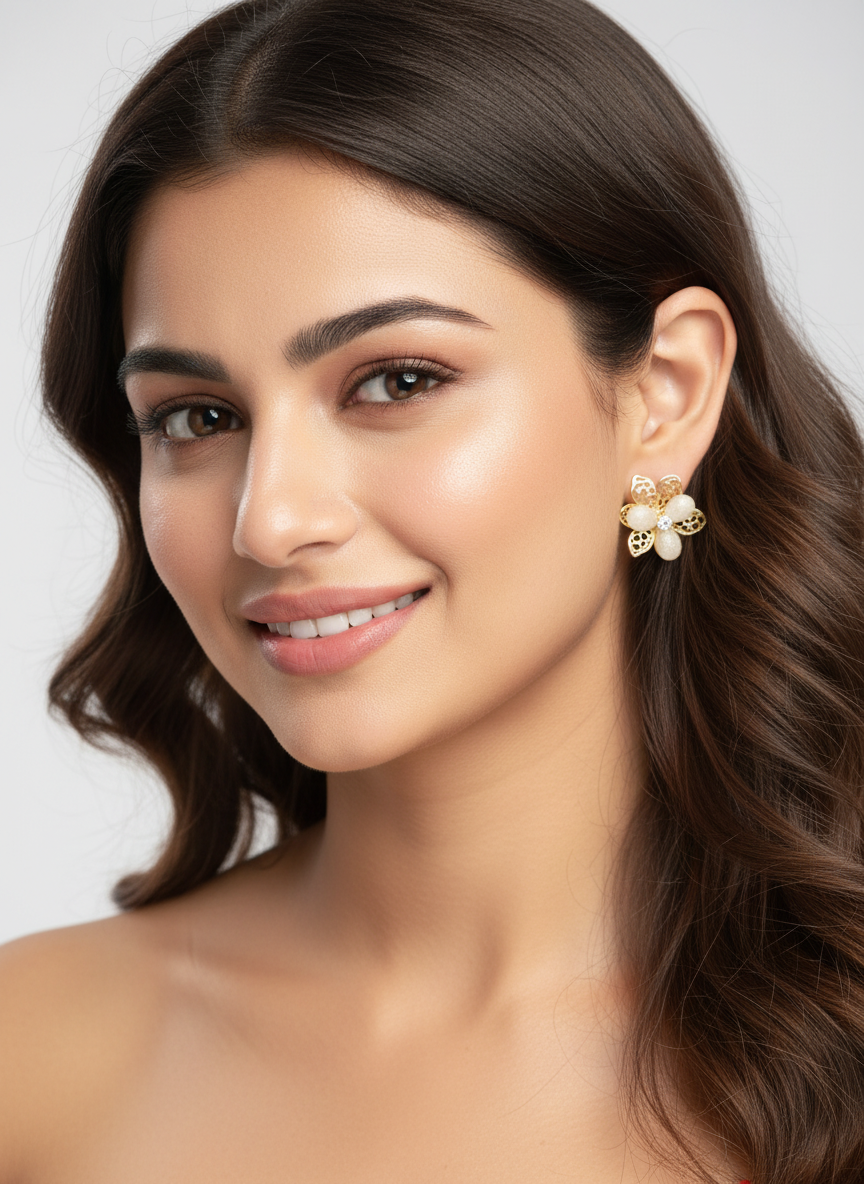Gold Floral Mesh Stud Earrings with Crystal Center – Elegant Designer Jewelry LE10306