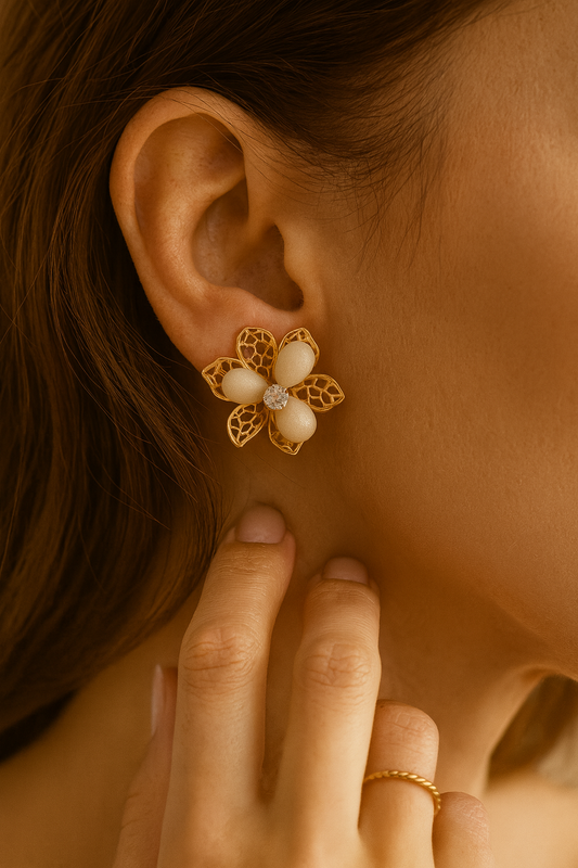 Gold Floral Mesh Stud Earrings with Crystal Center – Elegant Designer Jewelry LE10306