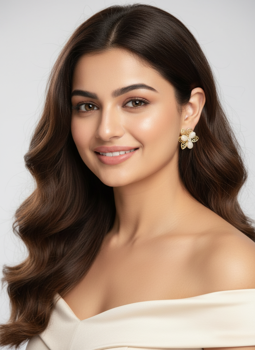 Gold Floral Mesh Stud Earrings with Crystal Center – Elegant Designer Jewelry LE10306