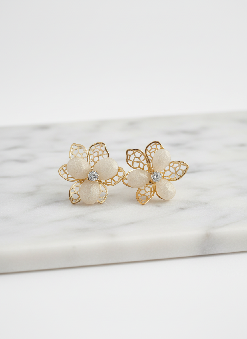 Gold Floral Mesh Stud Earrings with Crystal Center – Elegant Designer Jewelry LE10306