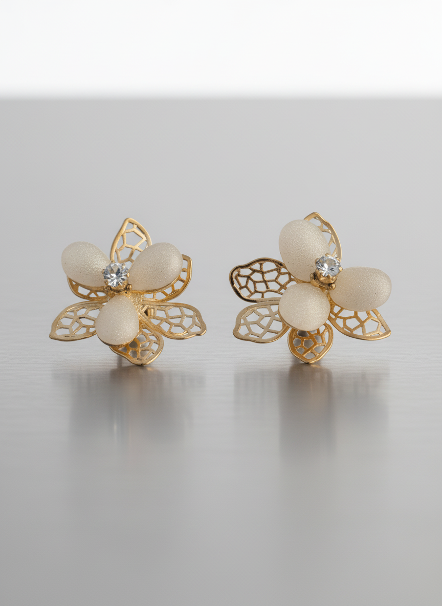 Gold Floral Mesh Stud Earrings with Crystal Center – Elegant Designer Jewelry LE10306