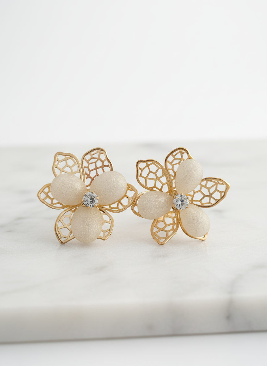 Gold Floral Mesh Stud Earrings with Crystal Center – Elegant Designer Jewelry LE10306