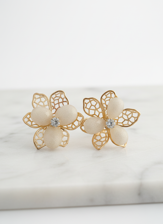 Gold Floral Mesh Stud Earrings with Crystal Center – Elegant Designer Jewelry LE10306