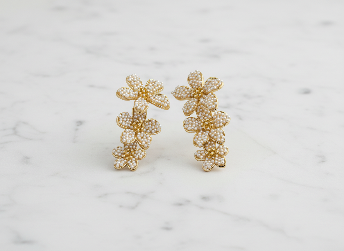Gold Floral Pearl Drop Earrings – Elegant Cluster Flower Statement Jewelry LE10314