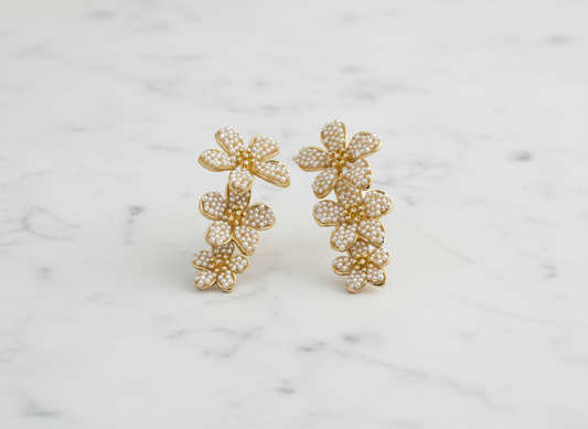 Gold Floral Pearl Drop Earrings – Elegant Cluster Flower Statement Jewelry LE10314