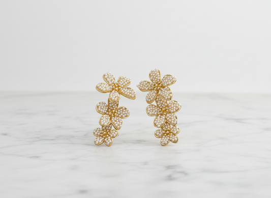 Gold Floral Pearl Drop Earrings – Elegant Cluster Flower Statement Jewelry LE10314