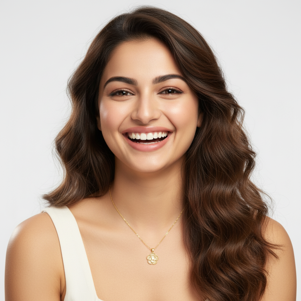 Gold Floral Pendant Necklace with Mother-of-Pearl Petals – Elegant Bloom Design LN10293
