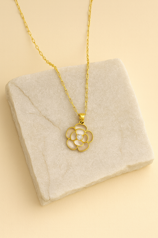 Gold Floral Pendant Necklace with Mother-of-Pearl Petals – Elegant Bloom Design LN10293