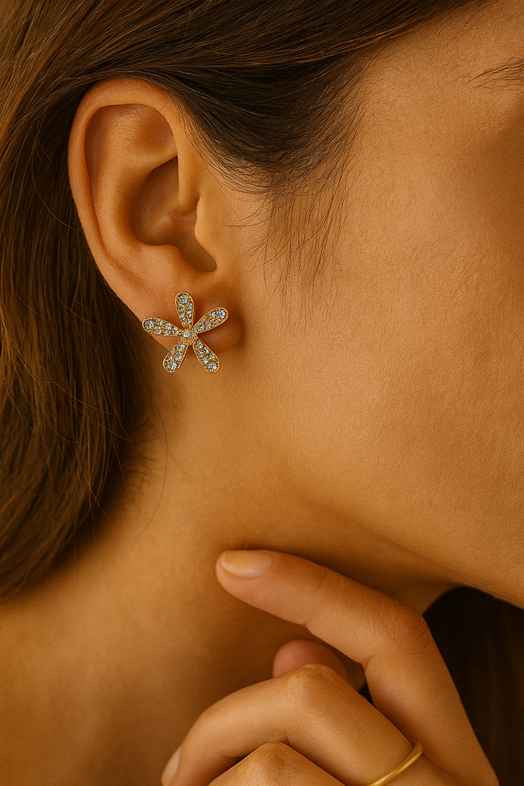 Gold Floral Statement Earrings with Pearl Petals & Crystal Center – Elegant Party Jewelry LE10280